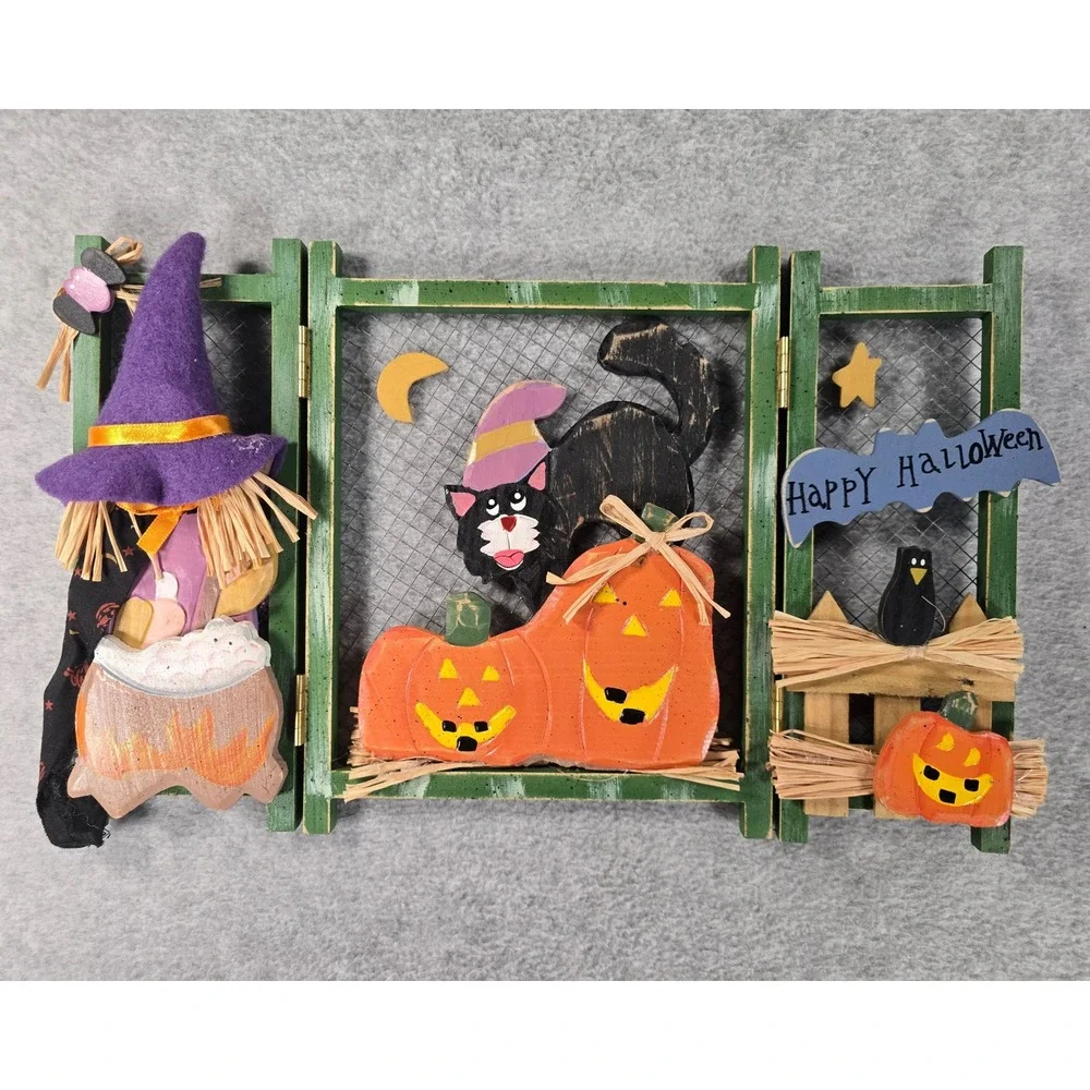 Vintage 90s Halloween Wood Table Decor Green Rustic Witch Cat Pumpkin Spooky